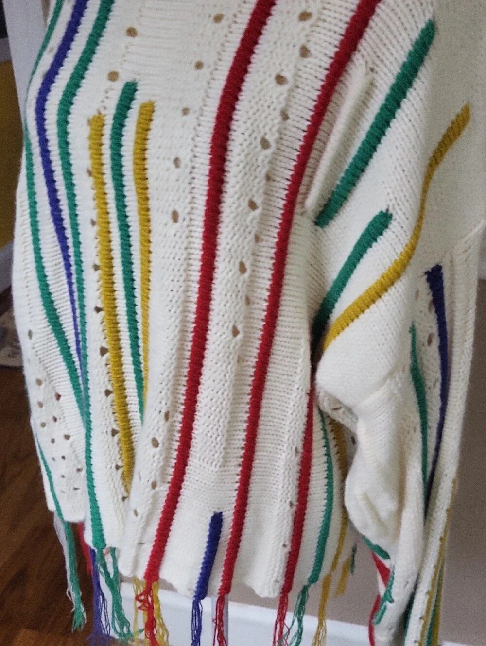 DAVI & DANI Cream Fringe Crewneck Sweater with Multicolor Stripes, Large - Picture 5 of 12